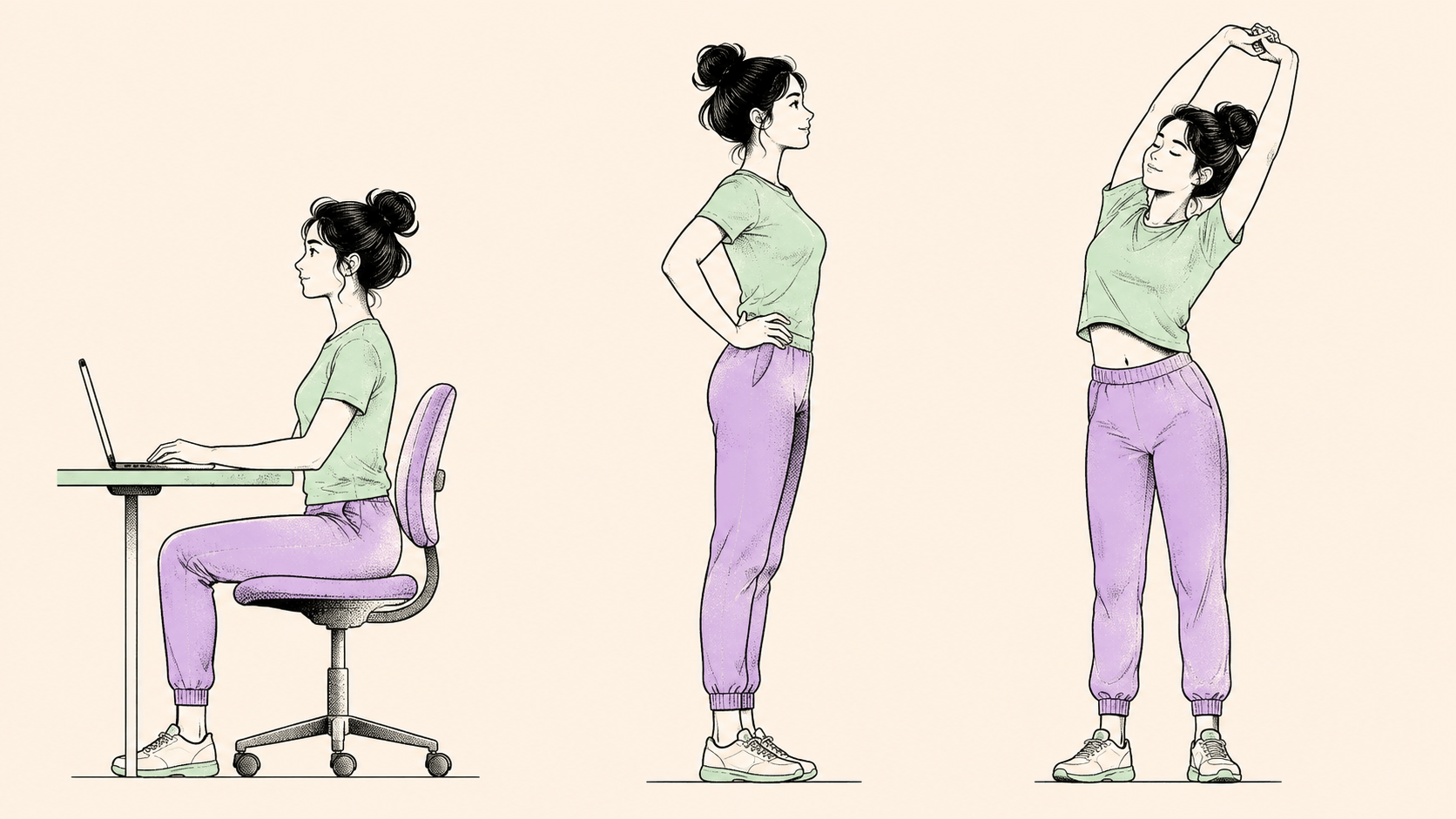 3-stappen ergonomische bureau- en beweegroutine: 90 graden zithouding, opstaan en wervelkolomstrekking